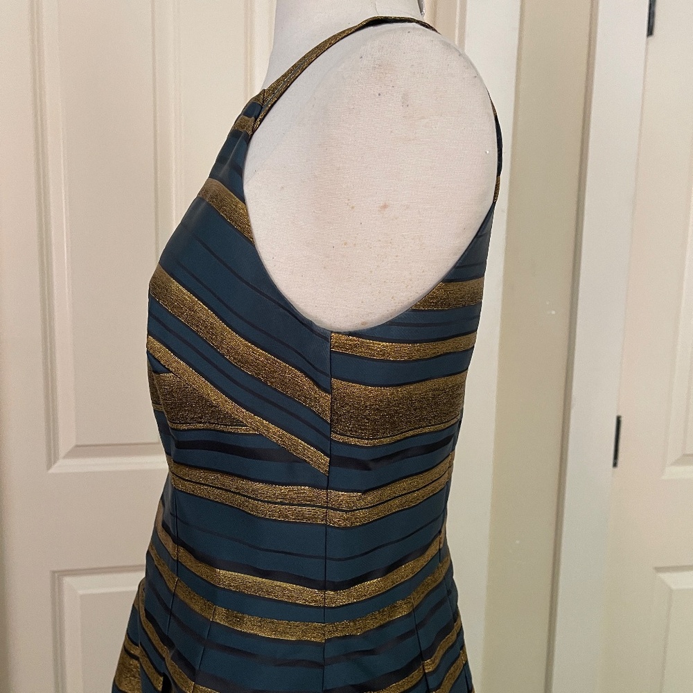 Kay Unger Navy and Gold Striped Halter Wedding Guest Gown - Picture 4 of 15